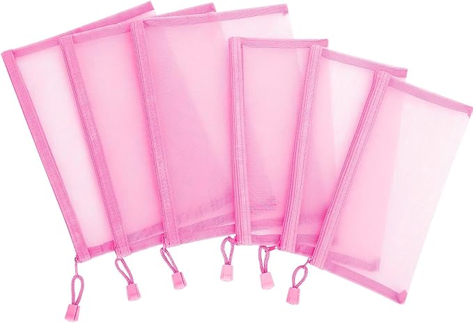Sinzip 12 Pieces Zipper Nylon Mesh Pouch, Mesh Cosmetic Bags Makeup Bags Pencil Case, Multipurpose Travel Bags for Cosmetic School Office Supplies and Travel Accessories (Pink, A5)