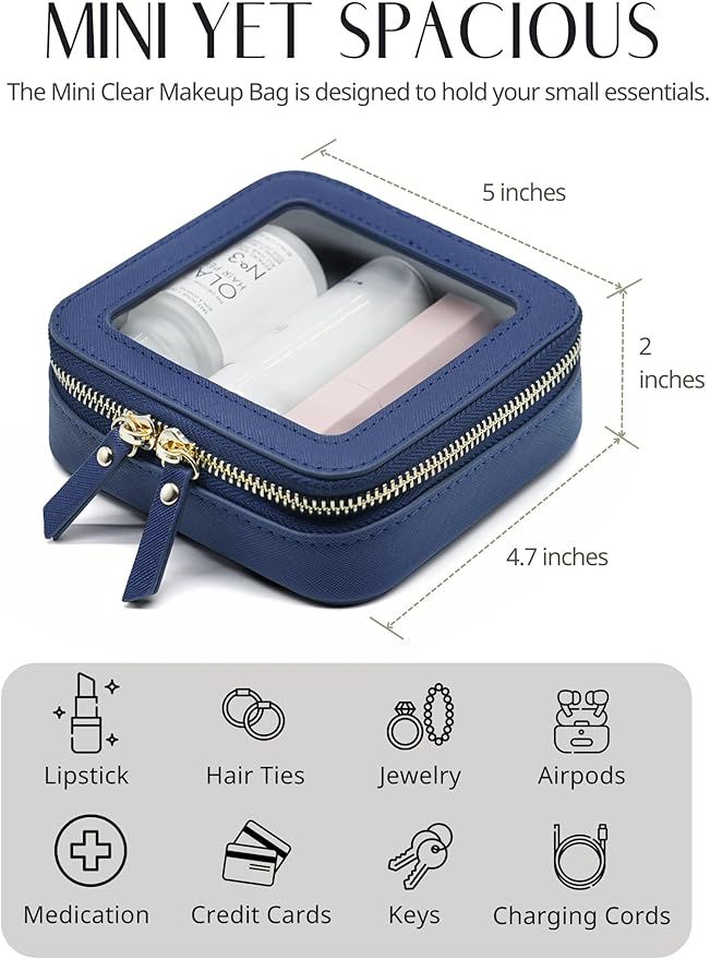 Clear Makeup Bag with Zipper Small Travel Cosmetic Case Navy Blue Mini Pouch for Purse Accessories Car Storgae Essentials Bag Purse Pouch Organizer Compact Small Clear Toiletry Bag for Traveling
