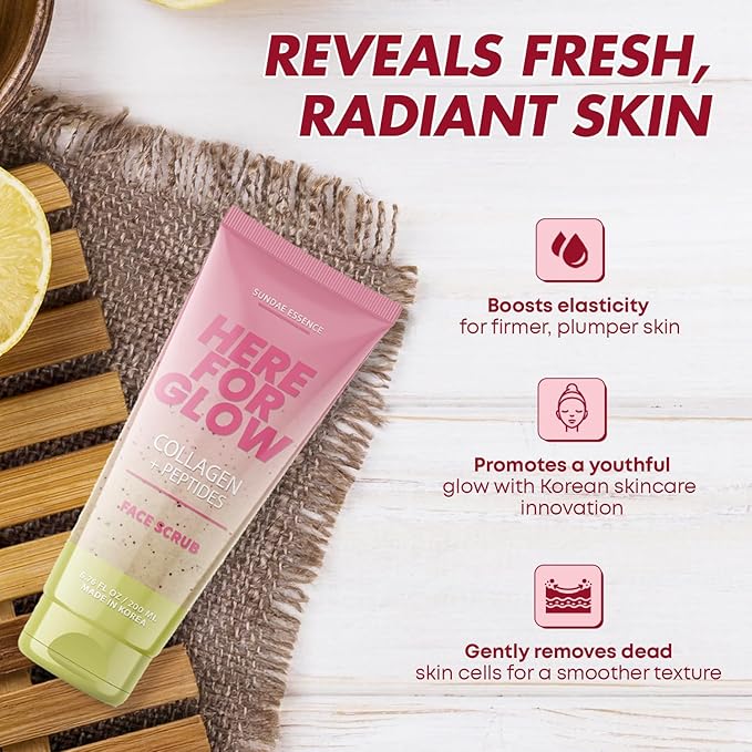 Sunday Essence Face Scrub with Collagen & Peptides – Gentle Exfoliating, Hydrating & Wrinkle Care – Dermatologist Tested, Korean Skin Care – Cruelty-Free, Vegan, Clean Beauty – 6.76 Fl Oz