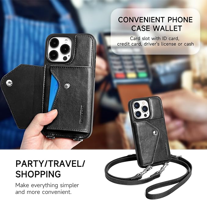 LUCKYCOIN Crossbody Phone Case for iPhone 15 Pro,100% Genuine Leather Phone Wallet Case for Women, Premium Hands-Free Phone Purse with Expandable Flip Card Holder & Adjustable Strap - Retro Black