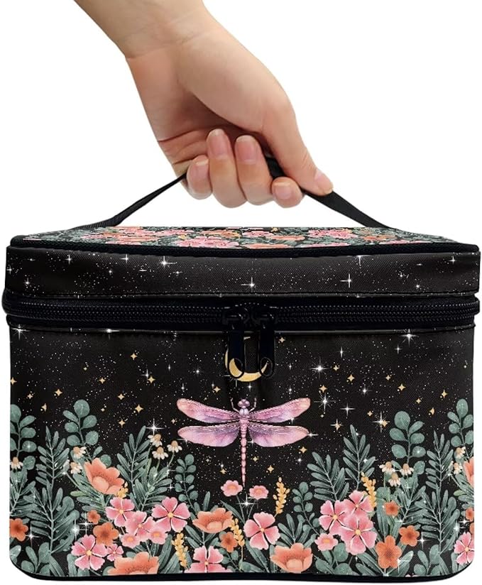 Drydeepin Dragonfly Floral Moon Pattern Makeup Bag Travel Cosmetic Bag with Zipper and Handle Portable Large Capacity Toiletry Case for Women Ladies Travel Accessories