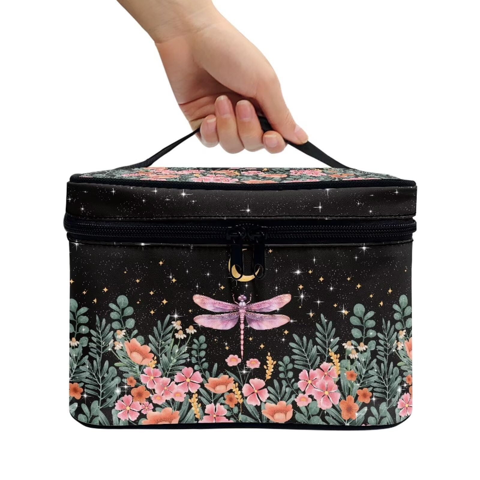 Drydeepin Dragonfly Floral Moon Pattern Makeup Bag Travel Cosmetic Bag with Zipper and Handle Portable Large Capacity Toiletry Case for Women Ladies Travel Accessories