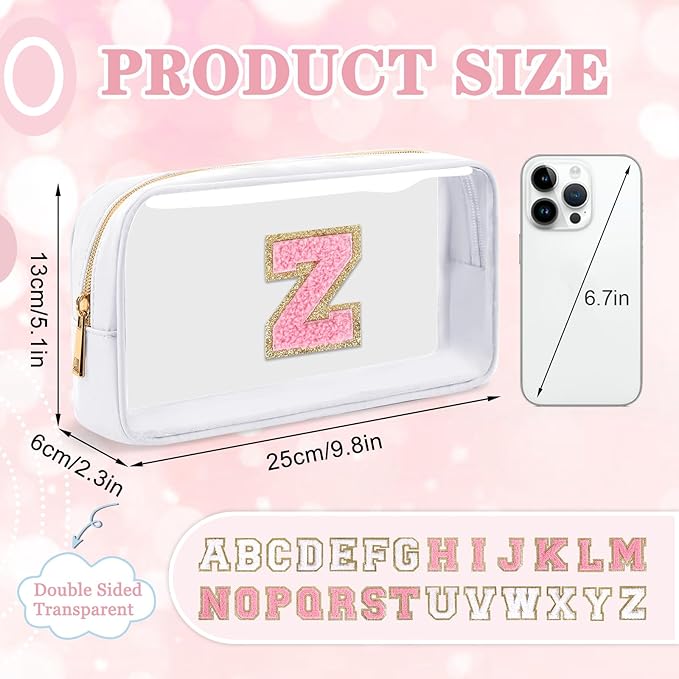Small Clear Personalized Initial Makeup Bag, Preppy A-Z Chenille Letter Patch Cosmetic Bag, Cute Transparent Nylon Waterproof Zipper Beach Varsity Letter Pouch, Gift for Women Girls(White-Pink Z)