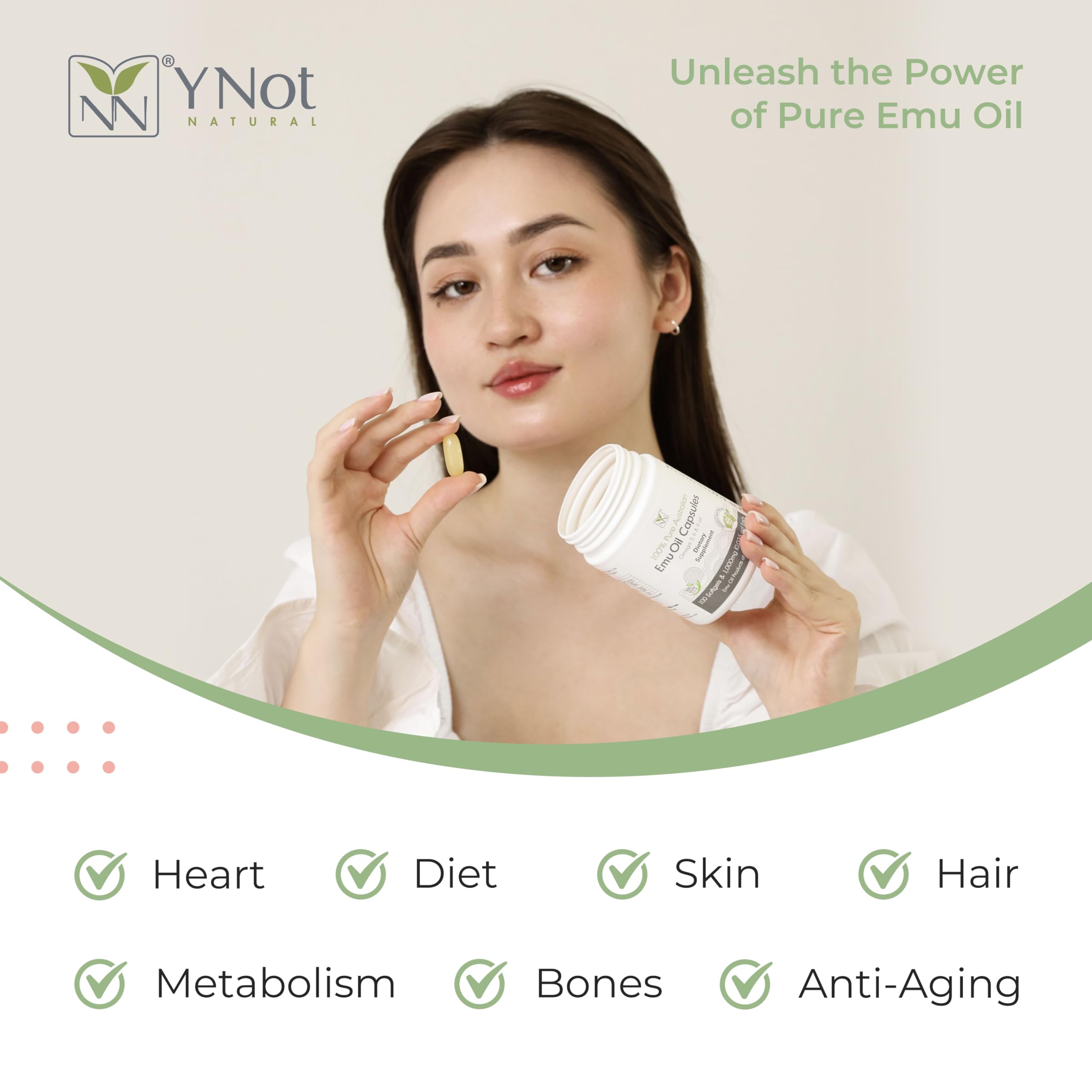 Y Not Natural Emu Oil Capsules - Heart, Hair, Metabolism & Joint Support Supplement - Pharmaceutical Grade Emu Oil with CLA, Omegas 3, 6 & 9 with Vitamin K2, A & E 1000mg, 100 Capsules