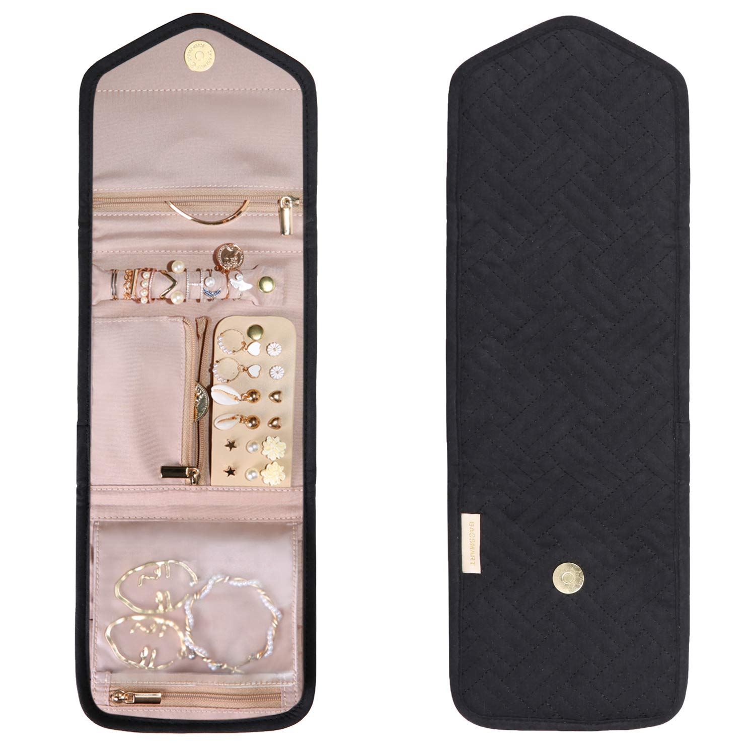 BAGSMART Travel Jewelry Organizer Case Foldable Jewelry Roll, Mini, Black