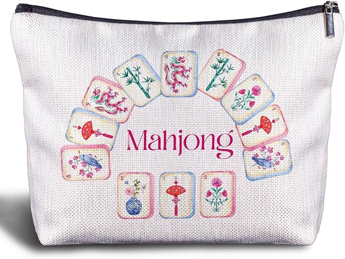 Zomhix Chinoiserie Chinese Mahjong Makeup Bag, Mah Jong Gifts for Women Cosmetic Bags, Gifts for Mahjong Players Lovers Makeup Zipper Pouch