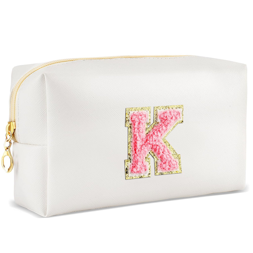 URSKYTOUS Initial Makeup Bag Personalized Preppy Travel Small Cosmetic Bag Cute PU White Chenille Letter Makeup Pouch for Purse Waterproof Zippered Toiletry Organizer for Women Girls Kids Friends (K)