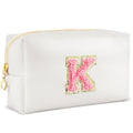 URSKYTOUS Initial Makeup Bag Personalized Preppy Travel Small Cosmetic Bag Cute PU White Chenille Letter Makeup Pouch for Purse Waterproof Zippered Toiletry Organizer for Women Girls Kids Friends (K)