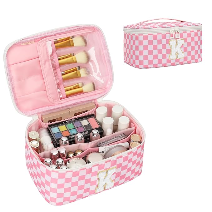 OCHEAL Makeup Bag for Women, Monogram Cosmetic Bag Pink Travel Makeup Case Beauty Toiletry Bag Organizer Personalized Gifts for Girls Bridesmaid, Sister, Wife, Friends Initial K