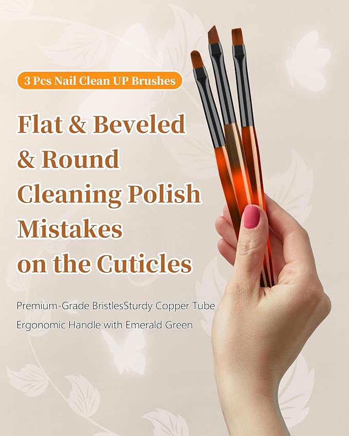 AMilHiTon 3PCS Nail Polish Clean Up Brush, Round/Flat/Angled, Orange Black