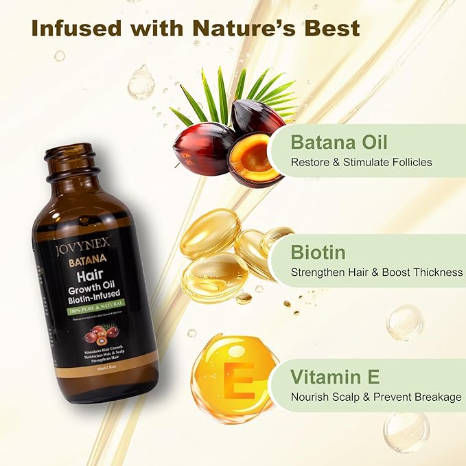Batana Organic Oil with Biotin for Hair Growth, 2 FL OZ Pure Natural Oil for Hair Treatment Thicker, Fuller Hair DHT Blocker Scalp Nourishment Repairs Dry & Damaged Hair, Prevents Hair Loss
