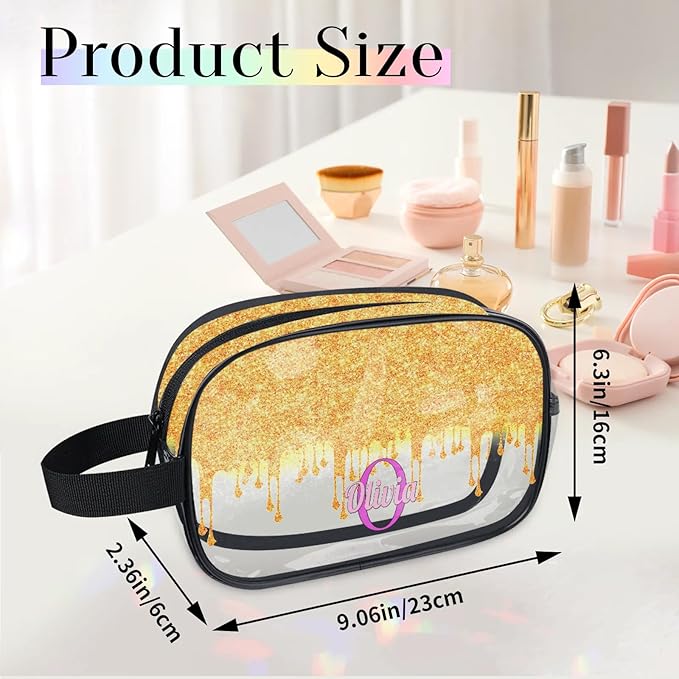KFNHN Personalized Clear Makeup Bag with Name, Best Friends Teen Women Mom Birthday Gift PVC Cosmetic Toiletry Travel Bag for Toiletries, Gold Color Bling Glittering