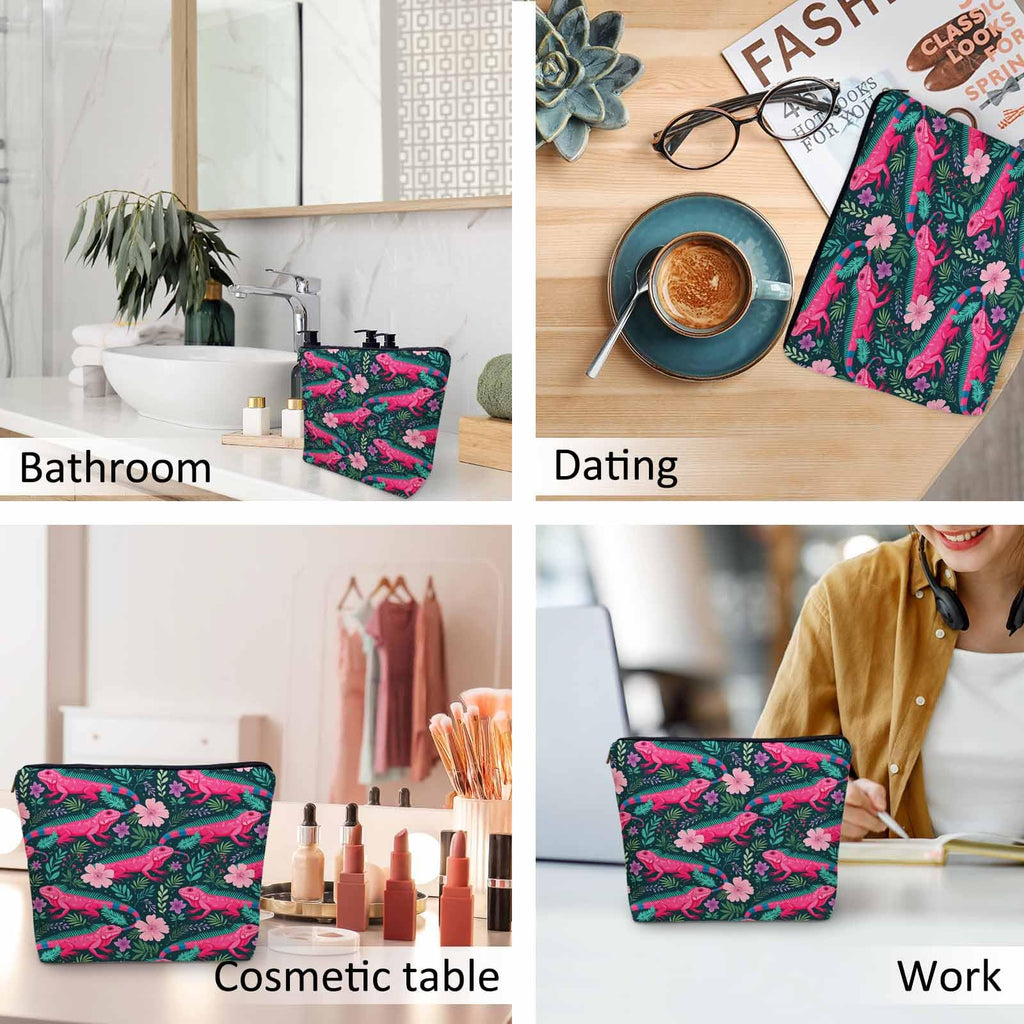 Kalygon Lizard Cosmetic Travel Bag For Toiletries, Tropical Animal Floral Lizard Makeup Bag Toiletry Bags For Women, Flax Cosmetic Bags Make Up Bag Purse Toiletries Bag Birthday Gift