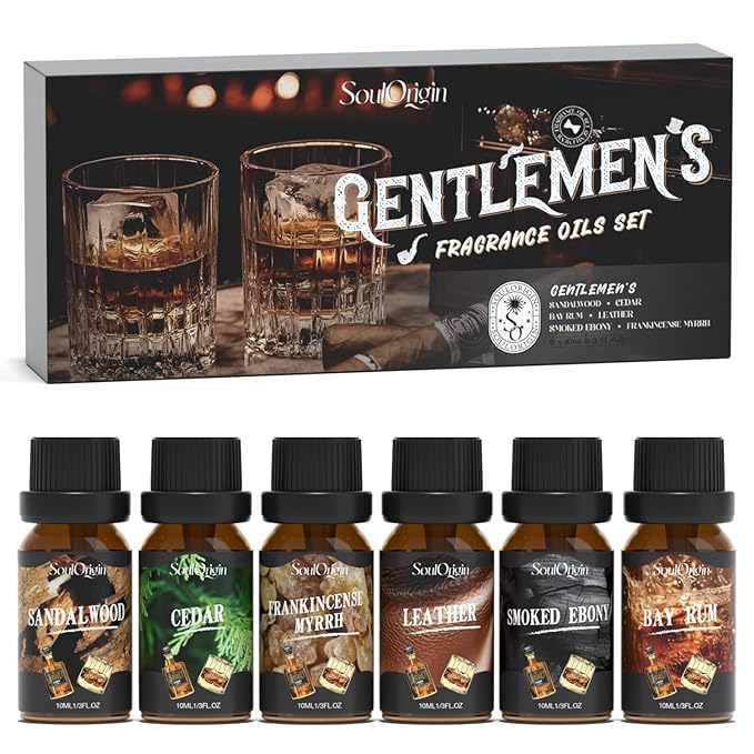 Soulorigin Gentleman Fragrance Oils Set, Essential Oil for Diffuser, Diffuser Oil, Use for Soap Candle Making, Sandalwood, Cedar, Rum, Leather, Smoky Oud, and Frankincense & Myrrh