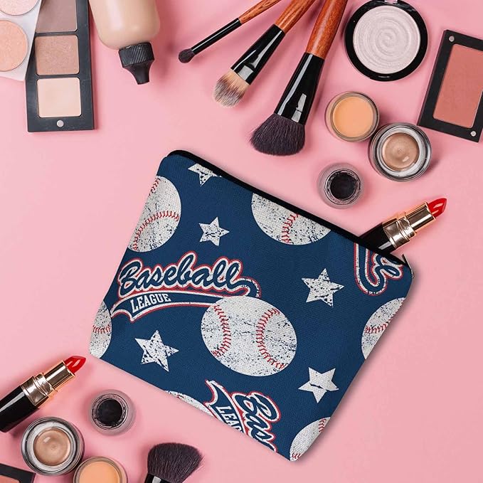 Kalygon Baseball Makeup Organizer Bag Cosmetic Bag For Men Women, Sports Ball Softball Baseball Blue Travel Toiletry Bag Flax Makeup Bags Purse Business Makeup Pouch For Toiletries Cosmetics