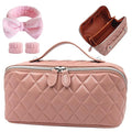 Cuteseason PU Leather Makeup Bag for Women, Structured Makeup Case with Wide Opening, Travel Cosmetic Bag with Compartments and Handle, Water-Resistant Makeup Organizer(Pink Diamond Quilted)