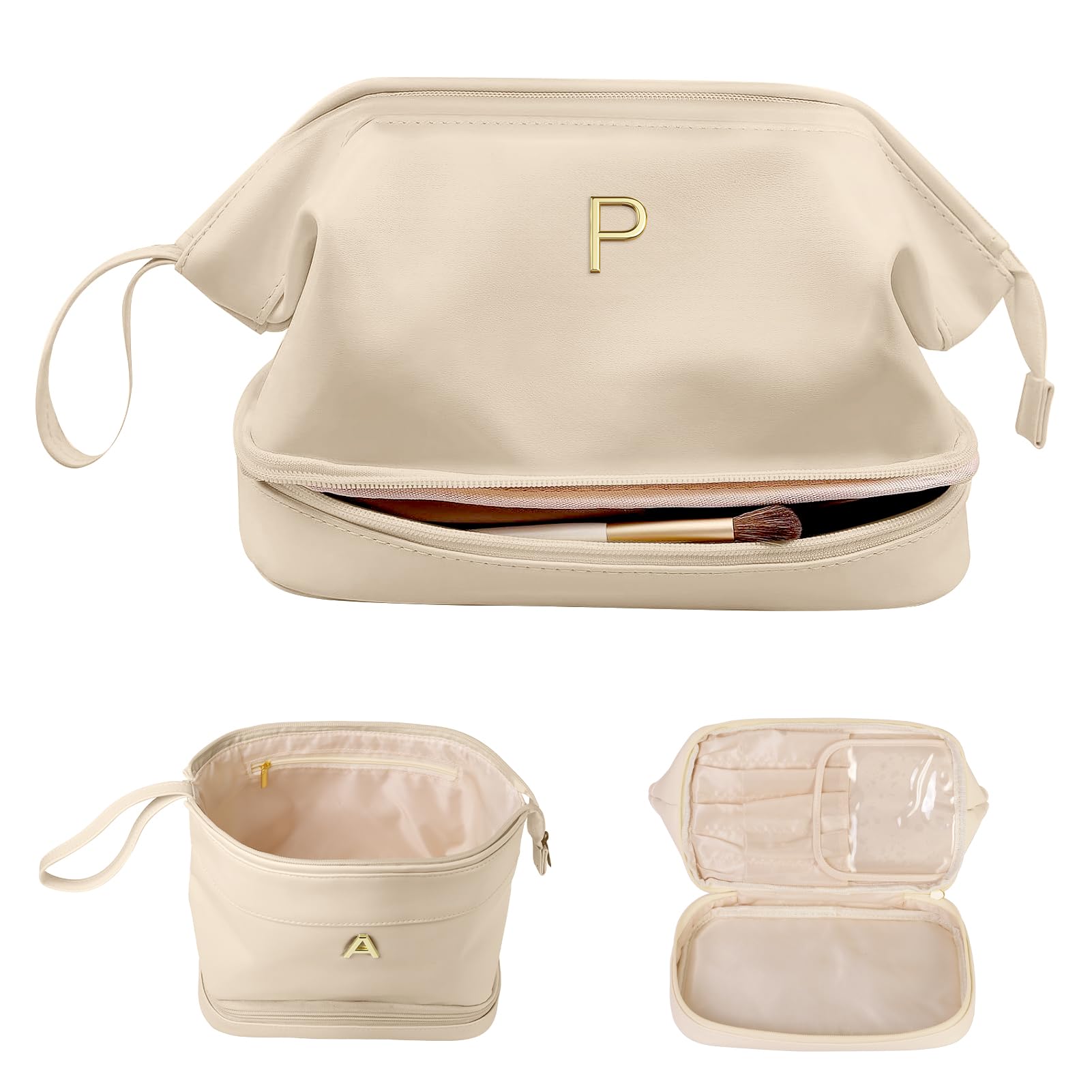 Vogewood Friend Gifts Makeup Bag, Initial Double Layer Cosmetic Bags