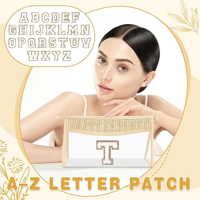 Personalized Initial Letter Bag Boho Straw Clear Makeup Bag,Small Cute Chenille Varsity Letter Bag With Zipper,Beach Travel Toiletry Bag,Portable Monogrammed Cosmetic Bag for Women Girls,T