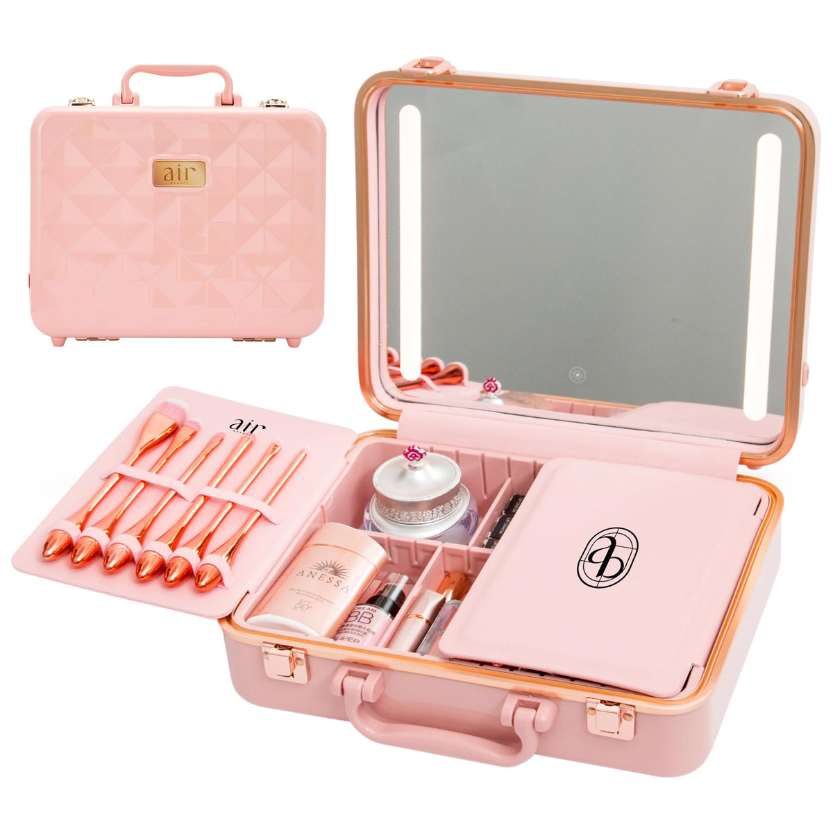 Air Makeup Beauty Box - Make up Bag with LED Lighted Mirror, Professional Mini/Large Cosmetic bag Organizer - Portable Vanity & Makeup Case for Travel (Beauty Box, Blush Pink)