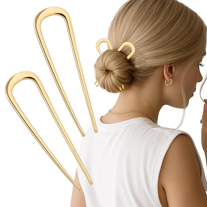 JIRIS 2PCS 4.2Inch French Hair Pins U-Shaped Pins for Women and Girls Fashion Metal Hair Pin French Twist Hair Pins for Buns, Updos,Stylish and Functional(set1-rabbit-gold)