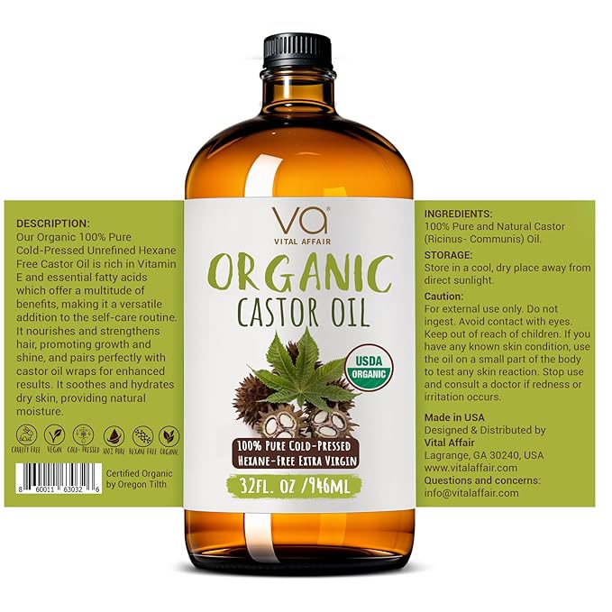 Castor Oil Organic Cold Pressed Glass Bottle 32oz For Hair Growth, Eyebrow