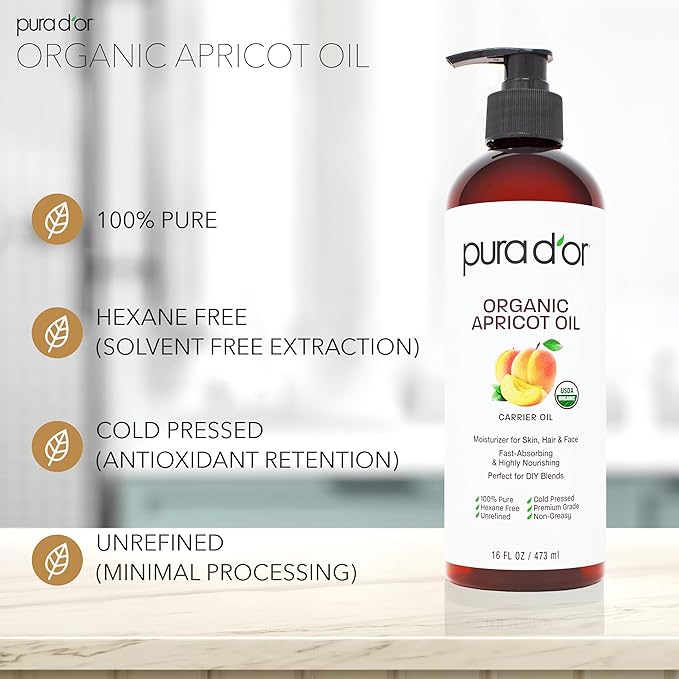 PURA D'OR ORGANIC Apricot Kernel Oil (16 Oz) 100% Pure & Natural USDA Certified