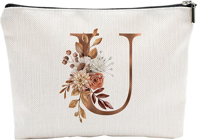 YKYENR A-Z Boho Personalized Cosmetic Bag-Floral Cotton Letter Makeup Bag With Zipper-Artistic Cosmetic Bag For Travel-Bride,Birthday Gift For Women Daughter Friends-Women Makeup Organizer-A21