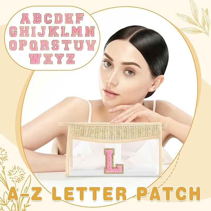 Small Boho Straw Initial Letter Makeup Bag Personalized Gift,Cute Clear Chenille Patch Makeup Bag With Zipper,Trendy TSA Approved Travel Toiletry Bag,Gift for Women Girls Birthday Friend, Letter L
