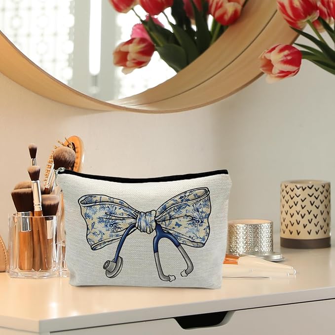 RYYCDOI Chinoiserie Coquette Bow Stethoscope Nurse Makeup Bag, Nurse Gifts for Women Cosmetic Bags, Nurse Week Gifts Makeup Pouch, Nurse Appreciation Gifts Zipper Pouch