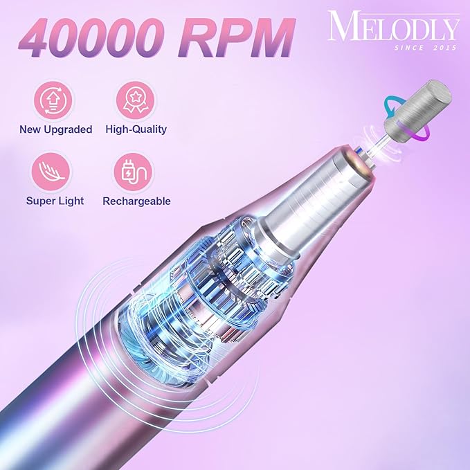 Melodly Electric Nail Drill Kit, Professional 40000 RPM Electric Nail File