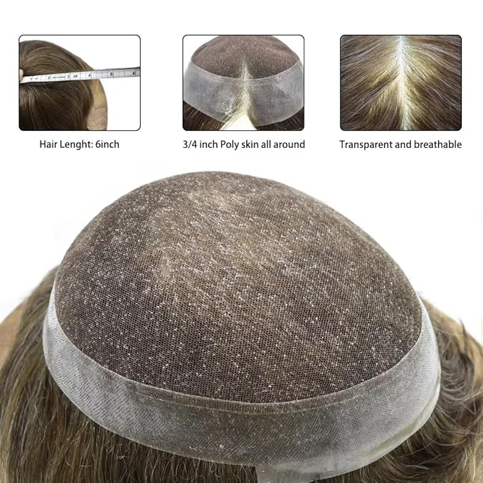 FACE MIRACLE French Lace Mens Toupee Human Hair System Lace Center Toupee for Men Thin Skin PU Around Hair Replacement System V-Looped Mens Hair Wig 6"X8" #760 7# VERY LIGHT BROWN WITH 60% GREY