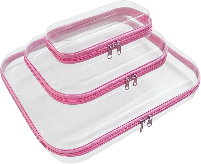 YOQIVEXU 3 Pcs Clear Hard Zipper Case, Hard Shell Plastic Clear Organizer Bag, Transparent Makeup Pouches, Portable Box for Travel Toiletries Storage Bins (Pink, Multi)