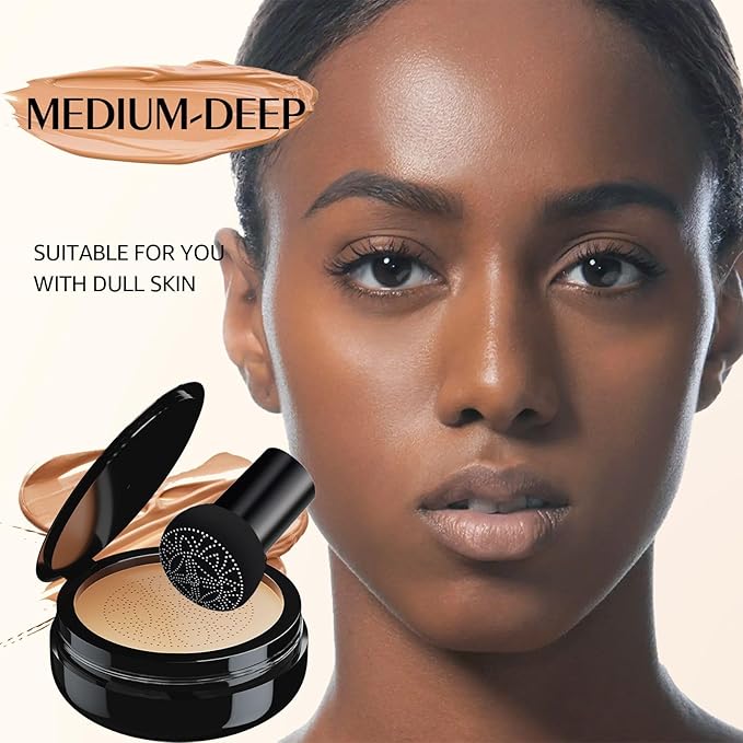 Air Cushion CC Cream Mushroom Head Foundation, Full Coverage Self Adjusting Concealer Vegan Formula Sweat-Proof, Matte Concealer Easy to Use (Deep)