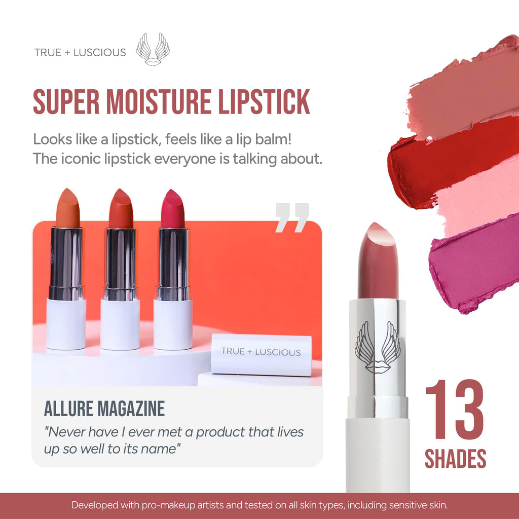 True + Luscious Super Moisture Lipstick | Satin Sheer Lasting Hydrating Lip Color for Dry Lips & All Skin Tones | Lightweight Feel with Hyaluronic Acid & Konjac Root | Vegan | Creamy Rose