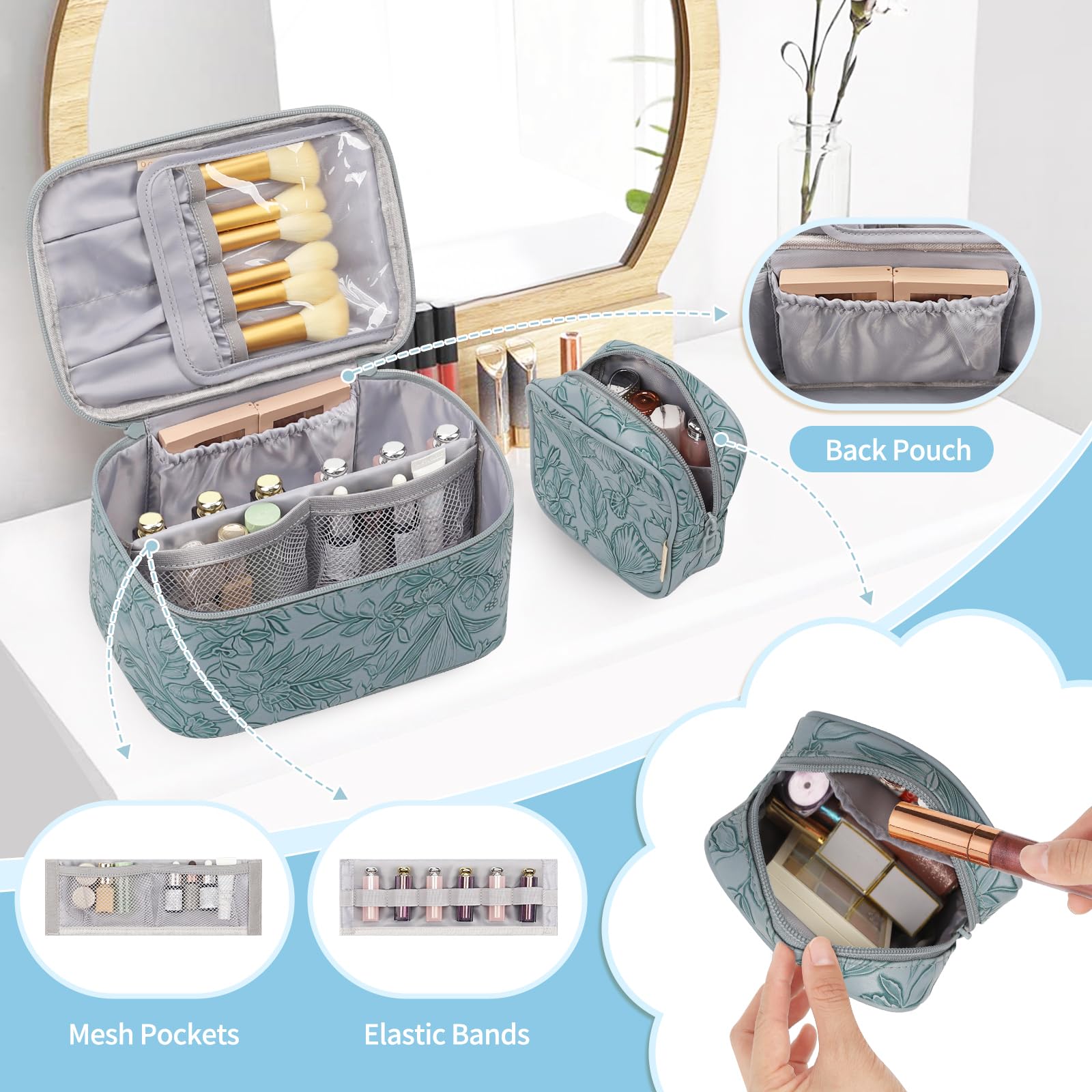 OCHEAL Makeup Bag Set, Portable Travel Makeup Bags Cosmetic Organizer Bag for Women Cute Floral Cosmetic Pouch Large Capacity Make up Bag PU Leather Toiletry Bags with Divider and Handle-Blue