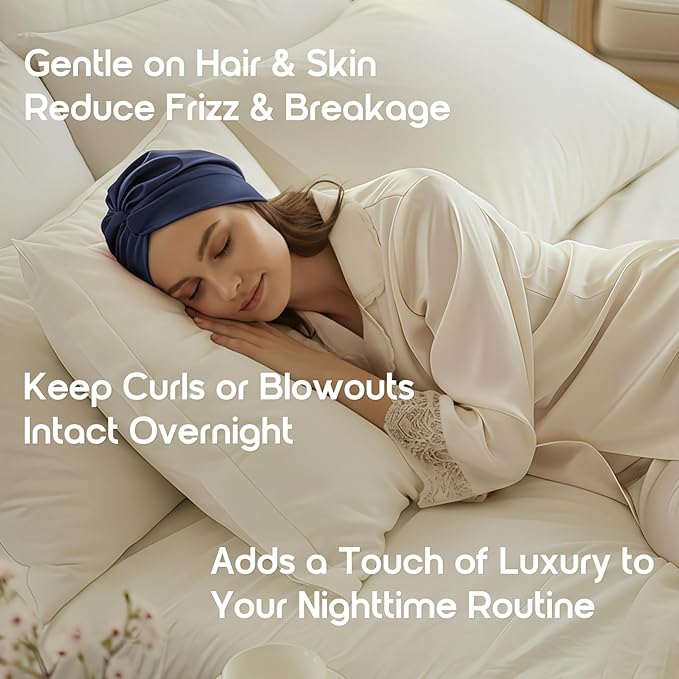 SYSERAN 100% Mulberry Silk Bonnet for Sleeping - Women Natural Curly Hair Night Cap Luxury Sleep Head Wrap with Elastic Band(Navy Blue)