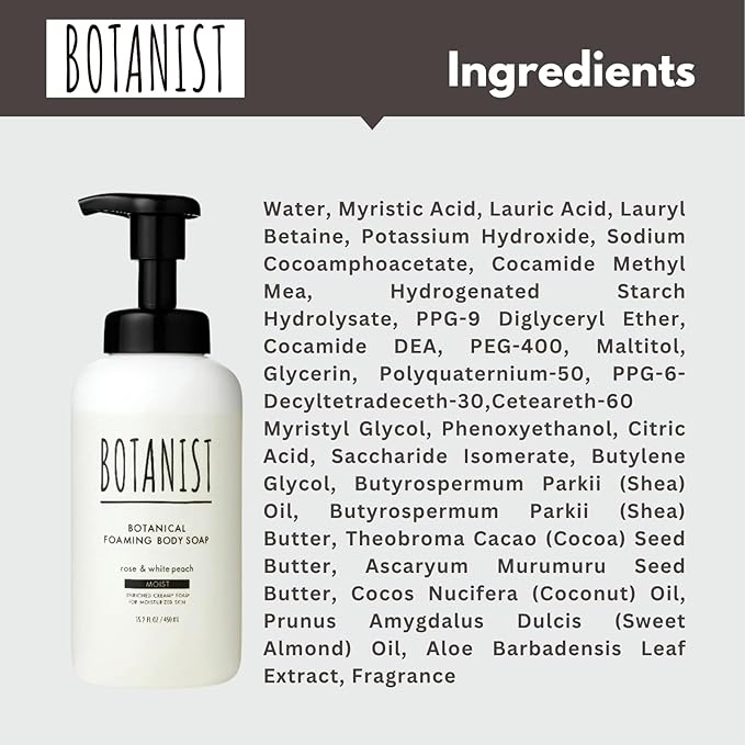 Botanist Foaming Body Wash for Women & Baby, Moisturizing Body Wash for Sensitive Skin with Shea Butter, Almond Oil, Cocoa Butter Made in Japan, Sulfate & Paraben Free 30.4 Fl Oz Rose& White Peach
