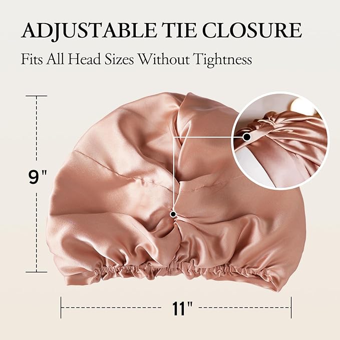 SYSERAN 100% Mulberry Silk Bonnet for Sleeping - Women Natural Curly Hair Night Cap Luxury Sleep Head Wrap with Elastic Band(Rose Gold)