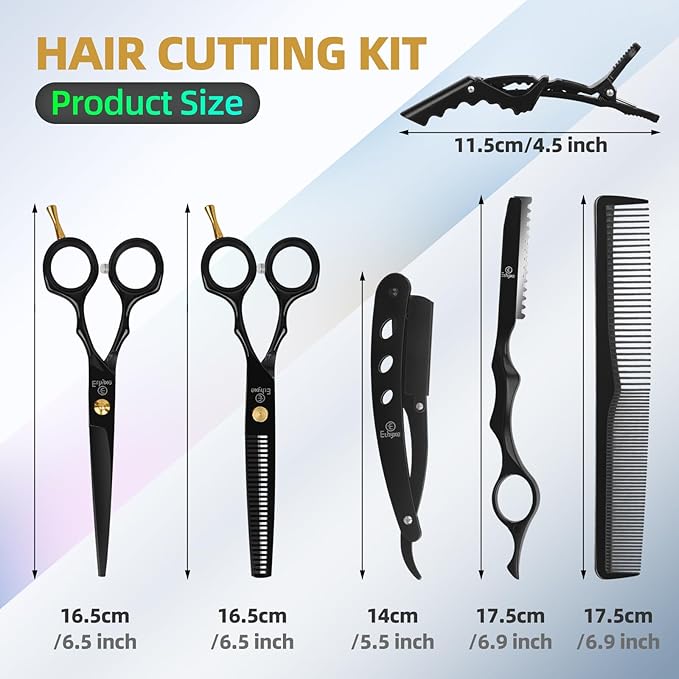 Ethyxe Hair Cutting Scissors Kit with Razor, Leather Case, Barber Hair Cutting Shears Thinning Blender Scissors for Professional Hairdresser or Home Use (Black)