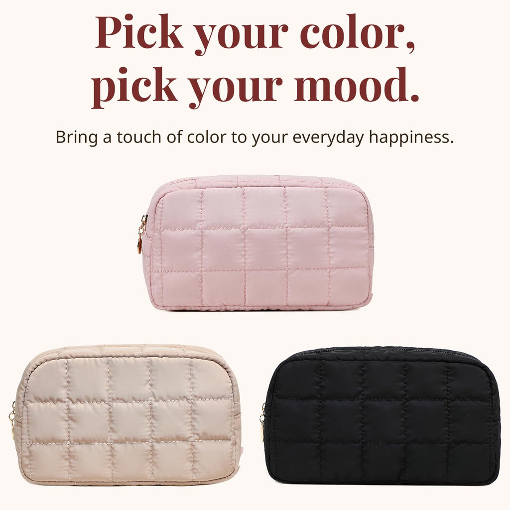 LOVELYWIND Makeup Bag, Quilted Puffy Travel Toiletry Bag with Compartments, Wide-Open Cosmetic Bag for Women, Pouch Purse Organizer, Camel
