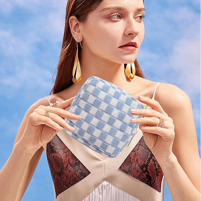 FFpaw Small Blue Makeup Bag for Purse, Mini Checkered Cosmetic Bag Zipper Cute Make Up Pouch Travel Toiletry Case Quilted Aesthetic Accessories Makeup Storage Bag Organizer for Women
