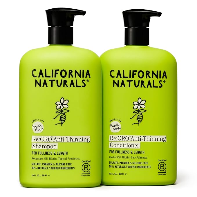 California Naturals Re:GRO Anti-Thinning Shampoo & Conditioner Set for Women, Biotin, Caffeine & Rosemary Oil, Hair Loss & Thinning Support, Sulfate Free, 20 fl oz
