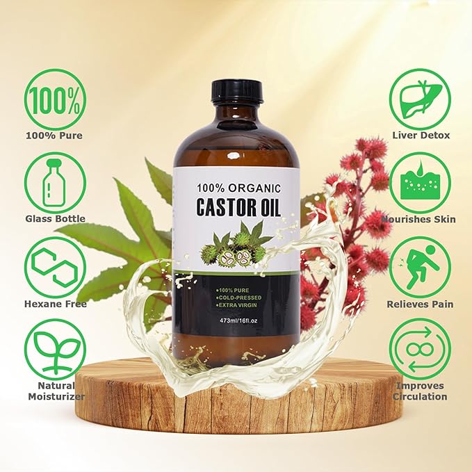 XIKERAY Organic Cold Pressed Unrefined Castor Oil (16oz/473ml), Castor Oil Pack Kit with Organic Cotton Wrap for Waist, Knees, Neck
