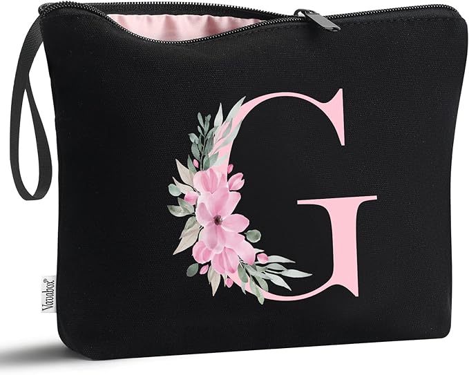 Vavabox A-Z Personalized Makeup Bag, Birthday Gifts for Women Mom, Gifts for Best Friend, Bride Bridesmaid Cosmetic bag (G, 02-Black)