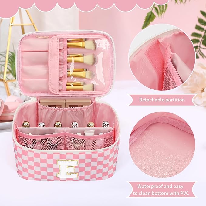 OCHEAL Makeup Bag for Women, Monogram Cosmetic Bag Pink Travel Makeup Case Beauty Toiletry Bag Organizer Personalized Gifts for Girls Bridesmaid, Sister, Wife, Friends Initial E