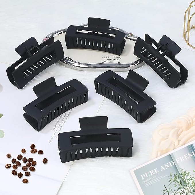 Sisiaipu 4 Inch Big Hair Claw Clips 6 Pcs Large Claw for Thick Hair Square Hair Clips for Women Rectangle Hair Clips Nonslip Acrylic Banana Jaw Clips Hair Accessories for Girls (Black)