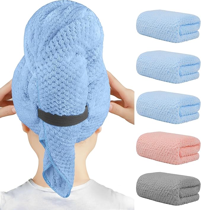 HOMEXCEL 5PK Microfiber Hair Towels, 40x20 in, Soft&Fast Drying for Long Hairs