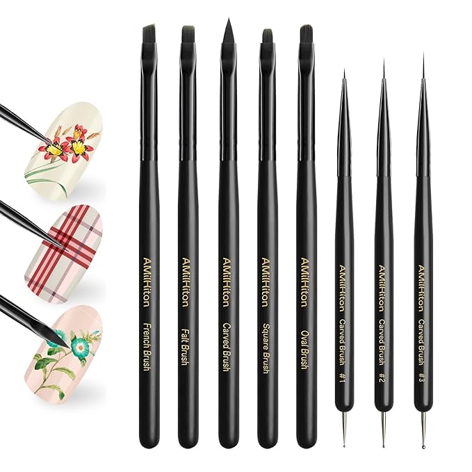 AMilliHiton 8PCS Nail Art Brush Set for Gel Polish & French Tips, Black Wood