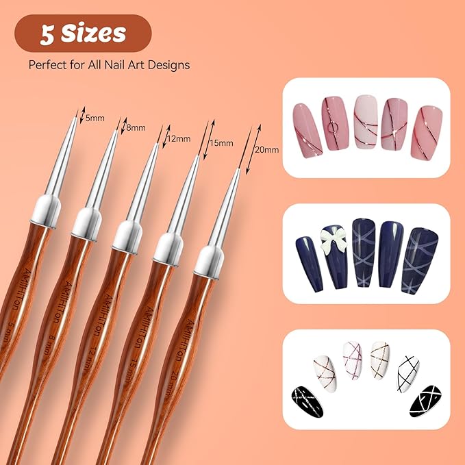 AMilHiTon 5PCS Nail Art Liner Brushes, 5-20mm, Wood Color