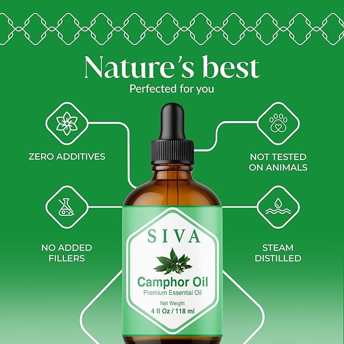 Siva Camphor Essential Oil 4 Fl Oz – for Diffuser, Skin & Hair Care – Ideal for Massage & DIY Blends- with Dropper
